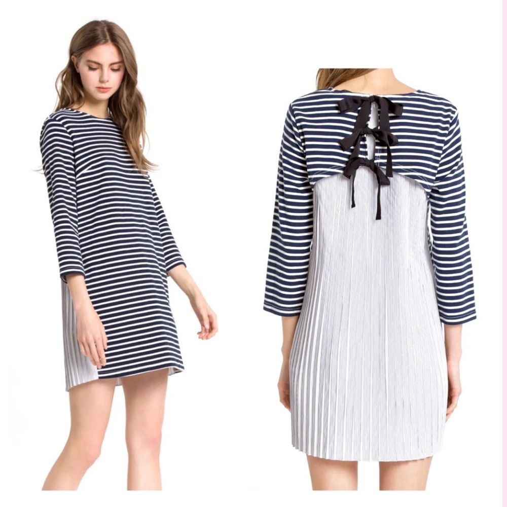 English Factory midnight blue/white striped pleated back tie ribbon mini dress